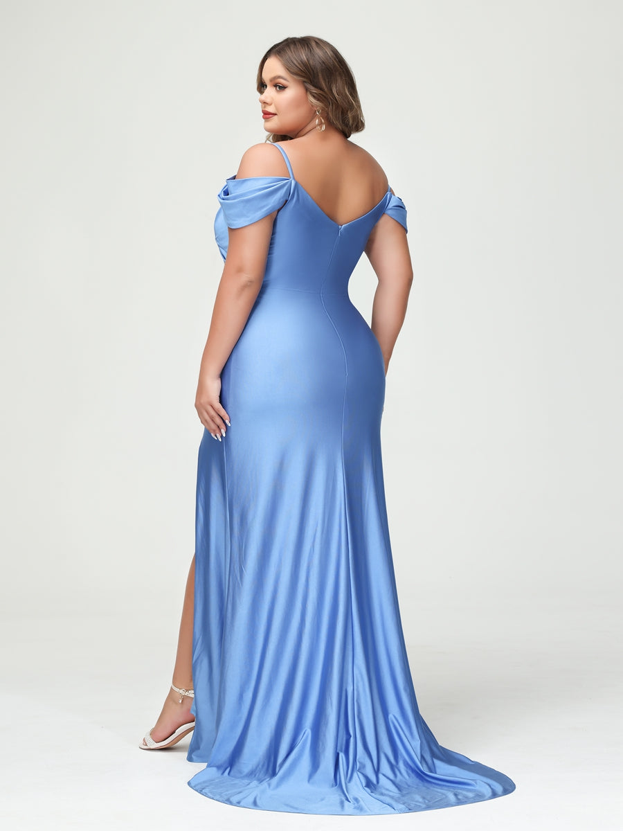Mermaid Spaghetti Straps V Neck Short Sleeves Plus Size Maxi Dresses Split Side