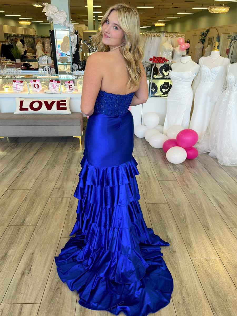 Pink Mermaid Strapless Satin Tiered Long Prom Dress With Sequins