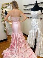 Pink Mermaid Strapless Satin Tiered Long Prom Dress With Sequins