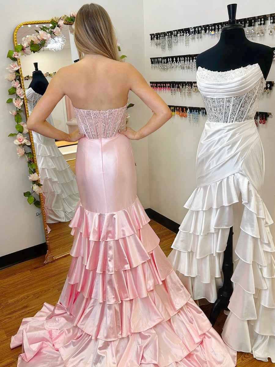 Pink Mermaid Strapless Satin Tiered Long Prom Dress With Sequins