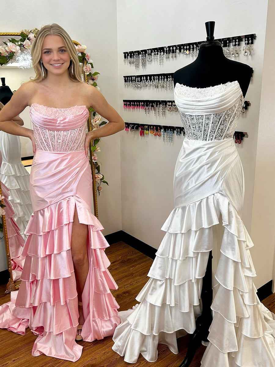 Pink Mermaid Strapless Satin Tiered Long Prom Dress With Sequins