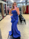 Royal Blue Mermaid Strapless Pleated Long Prom Dress With Slit
