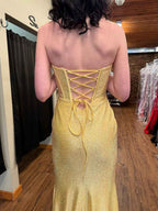 Royal Blue Mermaid Strapless Corset Prom Dress With Rhinestones And Ruffle Slit