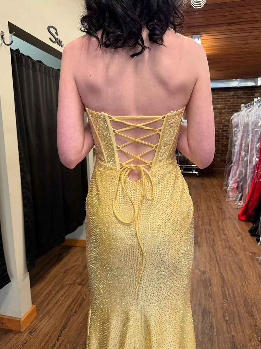 Royal Blue Mermaid Strapless Corset Prom Dress With Rhinestones And Ruffle Slit