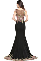 Mermaid Sweep Train Black Sleeveless Evening Dresses with Appliques