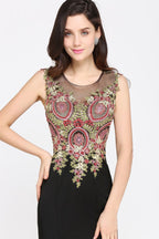 Mermaid Sweep Train Black Sleeveless Evening Dresses with Appliques