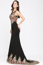 Mermaid Sweep Train Black Sleeveless Evening Dresses with Appliques