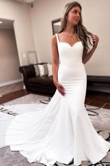 Sweetheart Mermaid Sleeveless Wedding Dress With Ruffles Floor Length Satin