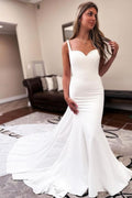Sweetheart Mermaid Sleeveless Wedding Dress With Ruffles Floor Length Satin