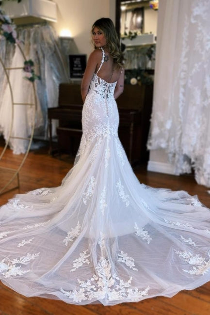 Robe de mariée longue jusqu'au sol en tulle, sans manches, à bretelles, style sirène avec appliques