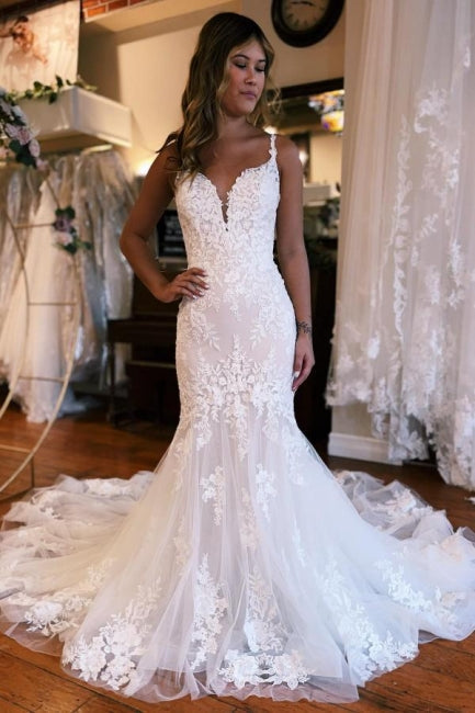 Robe de mariée longue jusqu'au sol en tulle, sans manches, à bretelles, style sirène avec appliques