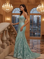 Mermaid V Neck Sheer Corset Long Prom Dress With Glitter Print