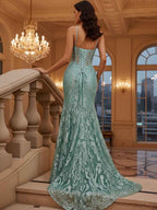 Mermaid V Neck Sheer Corset Long Prom Dress With Glitter Print