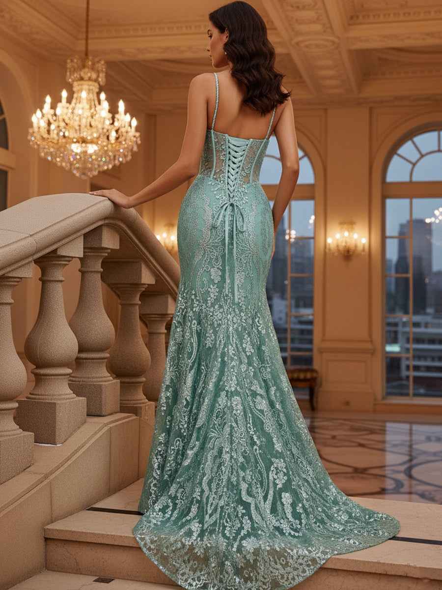 Mermaid V Neck Sheer Corset Long Prom Dress With Glitter Print