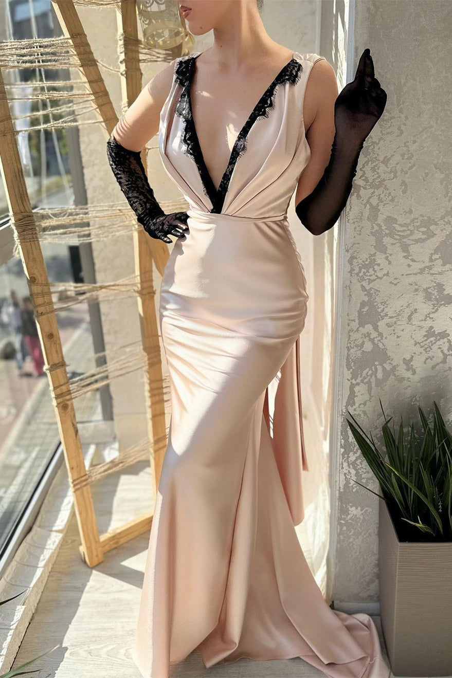 Vestido de cetim sem mangas com decote em V e renda, modelo Sereia