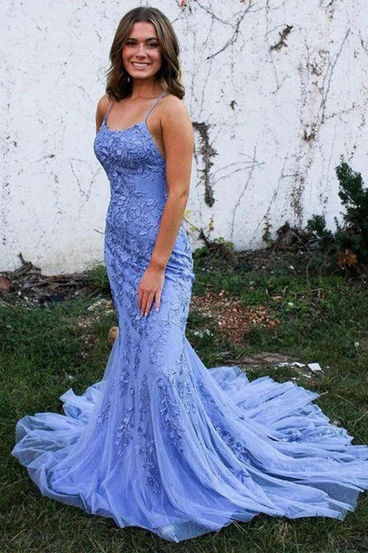 Mermaid Backless Blue Lace Long Prom Dresses Formal Dresses