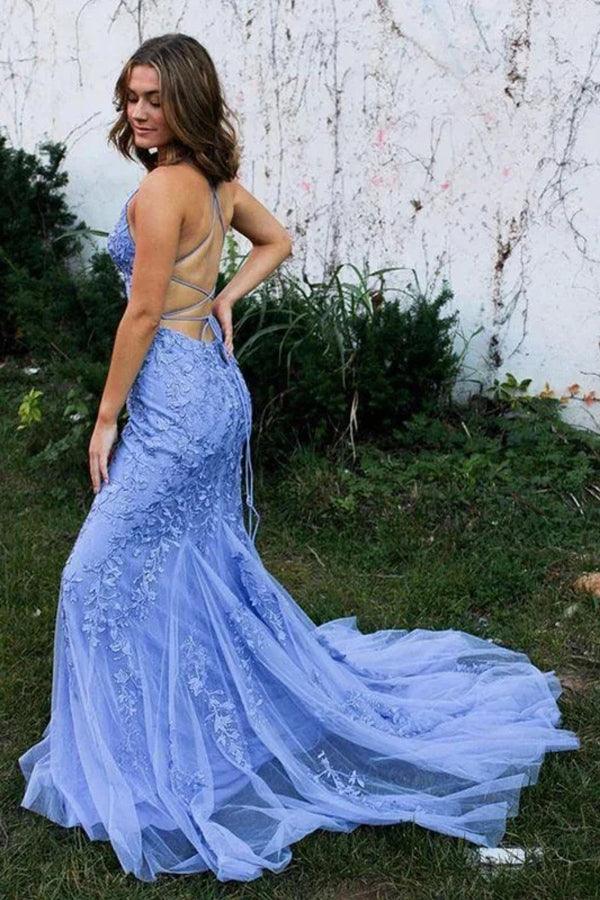 Abito lungo da sera blu con pizzo e schiena scoperta a forma di sirena