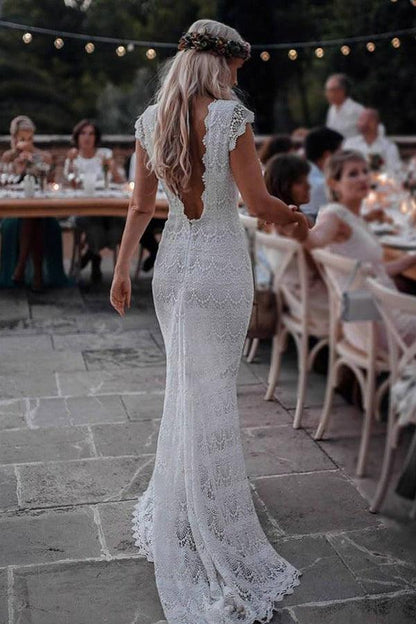 Meerjungfrau Rückenfreies Spitzen Boho Flügelärmeln Bohemian Brautkleid 