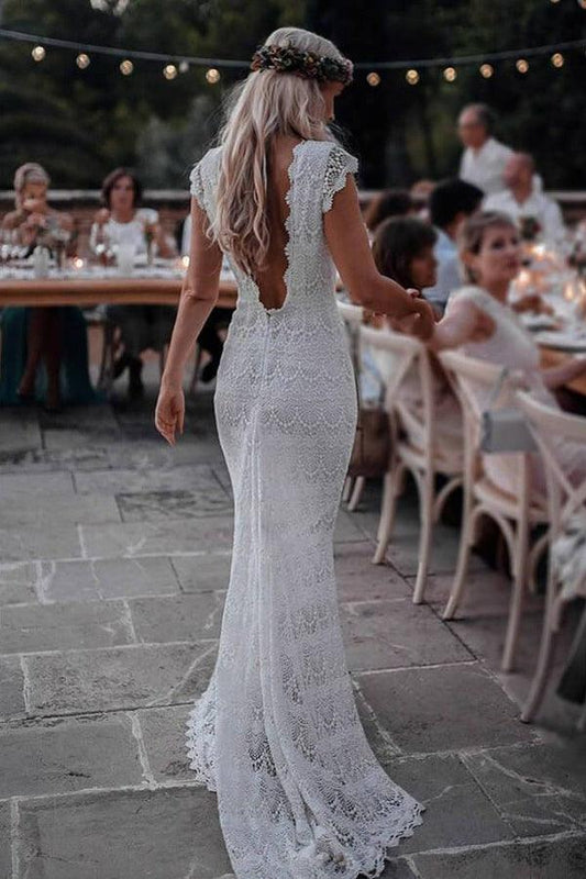 Meerjungfrau Rückenfreies Spitzen Boho Flügelärmeln Bohemian Brautkleid 