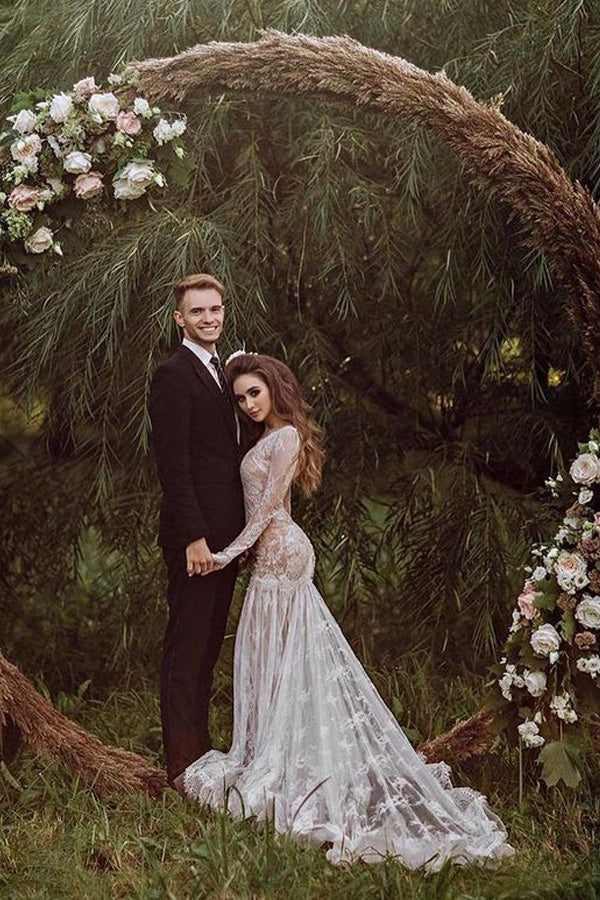 Meerjungfrau Rückenfrei Lange Ärmel Spitze Bohemian Brautkleider