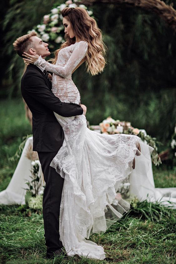 Meerjungfrau Rückenfrei Lange Ärmel Spitze Bohemian Brautkleider