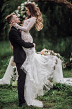 Meerjungfrau Rückenfrei Lange Ärmel Spitze Bohemian Brautkleider