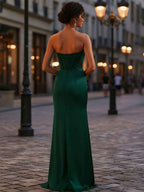 Hunter Green Mermaid Prom Dress With Cowl Neck Strapless Corset Bodice And Slit