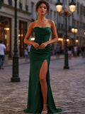 Hunter Green Mermaid Prom Dress With Cowl Neck Strapless Corset Bodice And Slit