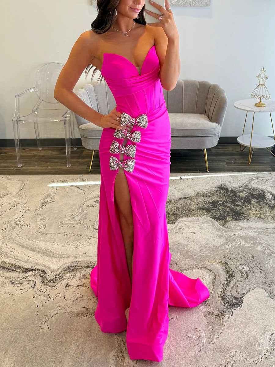 Hot Pink Mermaid Prom Dress With Crystal Bows Bodice And Slit