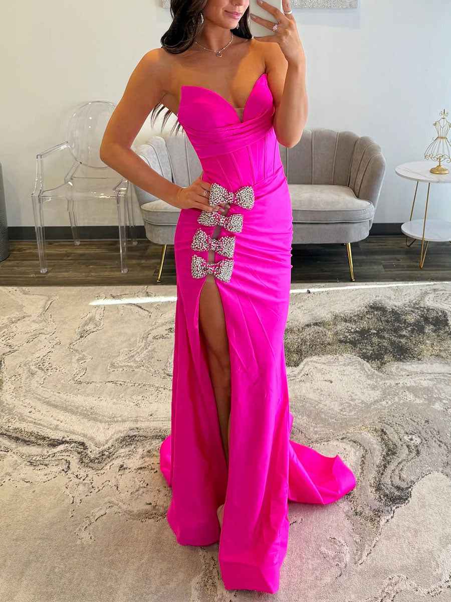 Hot Pink Mermaid Prom Dress With Crystal Bows Bodice And Slit