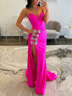 Hot Pink Mermaid Prom Dress With Crystal Bows Bodice And Slit