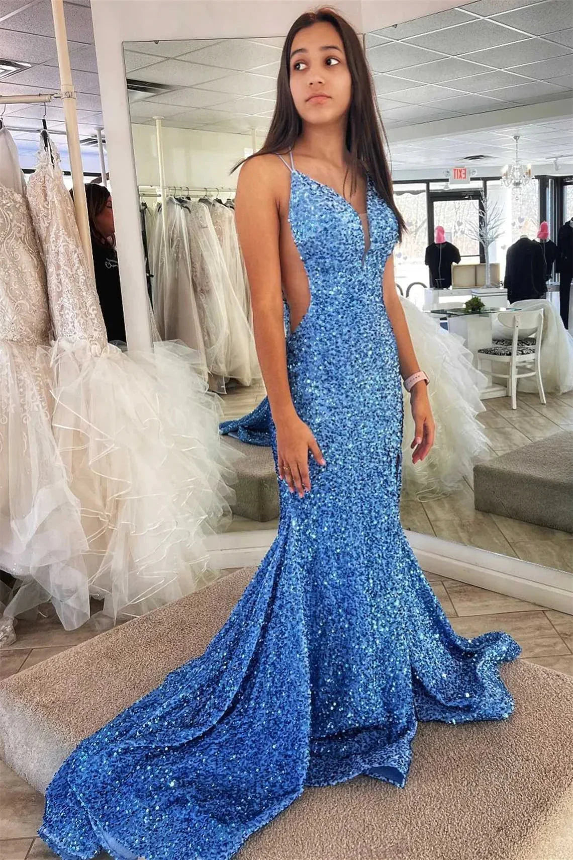 Vestido de Baile com Lantejoulas nas Costas, Estilo Sereia, com Fenda SYP142