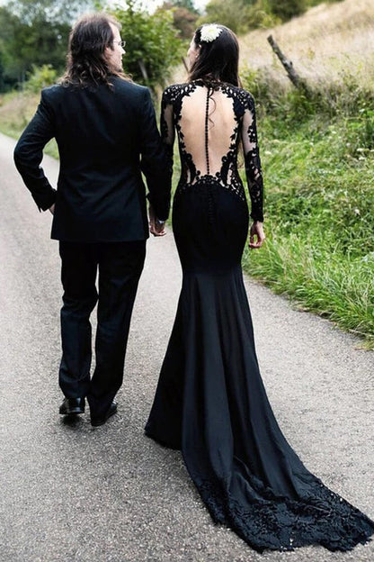 Meerjungfrau Blumen Schwarzes Hochzeitskleid Langarm Brautkleid