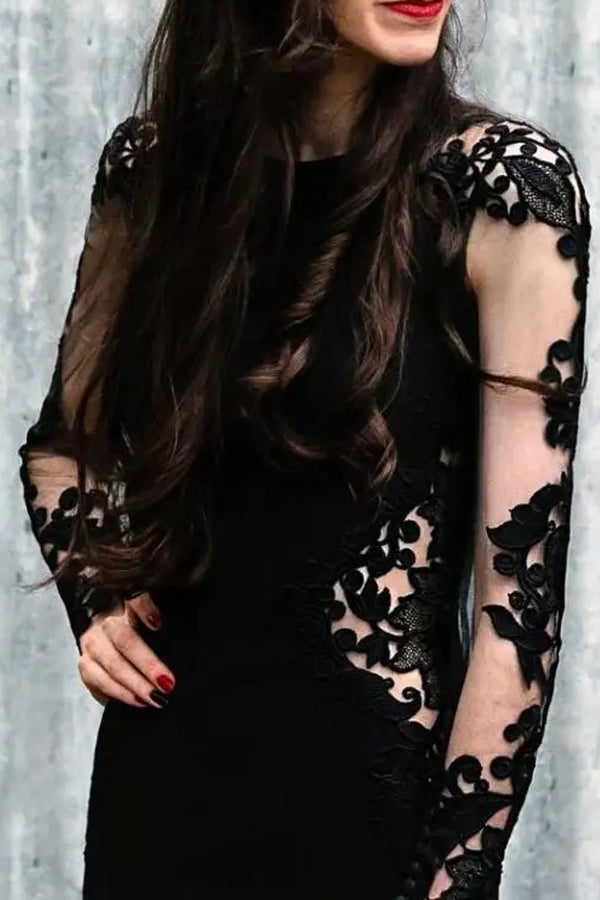 Meerjungfrau Blumen Schwarzes Hochzeitskleid Langarm Brautkleid