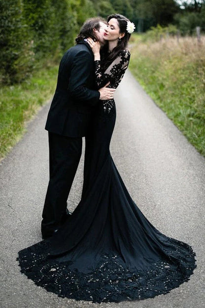 Meerjungfrau Blumen Schwarzes Hochzeitskleid Langarm Brautkleid