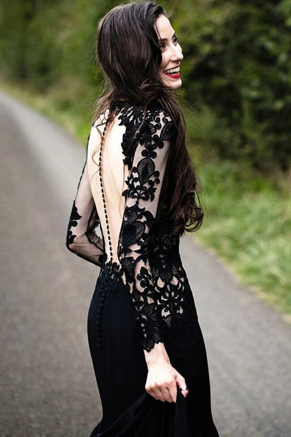 Meerjungfrau Blumen Schwarzes Hochzeitskleid Langarm Brautkleid