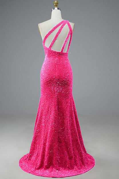 Vestido de fiesta de sirena con lentejuelas, un hombro al descubierto y brillo