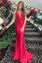 Mermaid Halter Neck Red Long Prom Dress with Backless