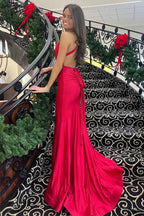 Mermaid Halter Neck Red Long Prom Dress with Backless