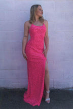 Vestido Sereia Rosa-Choque com Lantejoulas e Pompom, Fenda SYP92