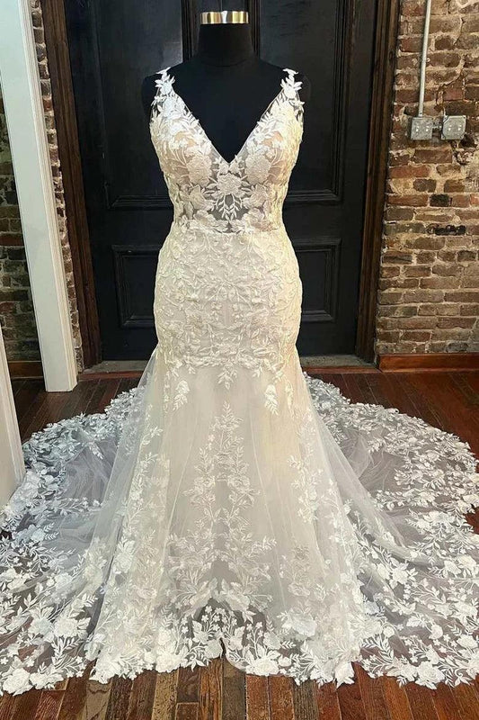 Meerjungfrau Elfenbein Blumenspitze V-Ausschnitt Langes Hochzeitskleid Brautkleid