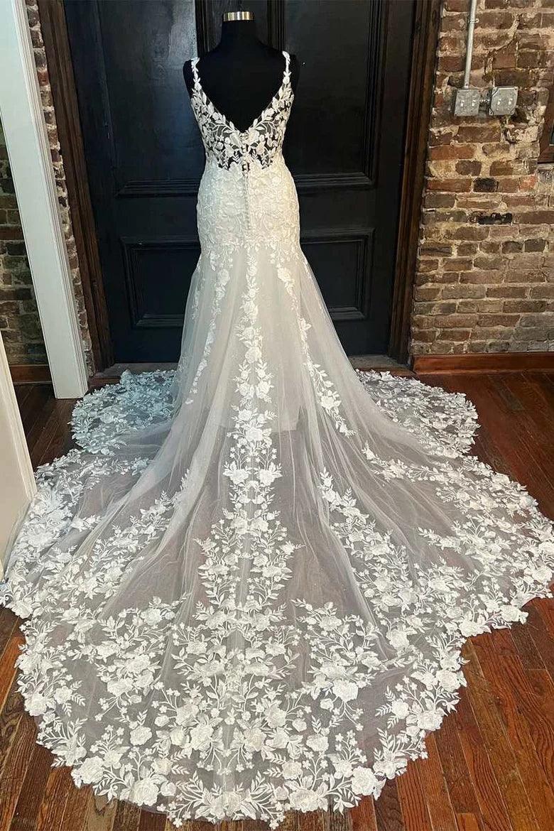 Meerjungfrau Elfenbein Blumenspitze V-Ausschnitt Langes Hochzeitskleid Brautkleid