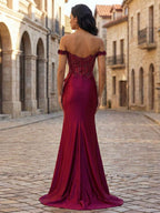 Deep Burgundy Off Shoulder Floral Corset Long Prom Dress