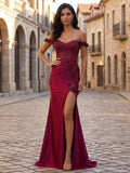 Deep Burgundy Off Shoulder Floral Corset Long Prom Dress