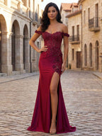 Deep Burgundy Off Shoulder Floral Corset Long Prom Dress