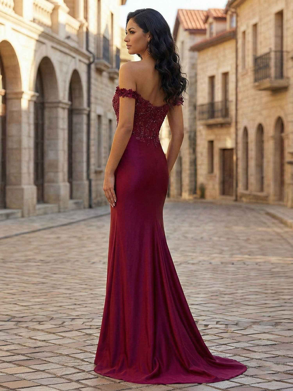 Deep Burgundy Off Shoulder Floral Corset Long Prom Dress