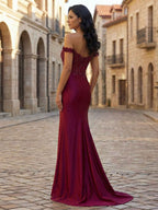 Deep Burgundy Off Shoulder Floral Corset Long Prom Dress