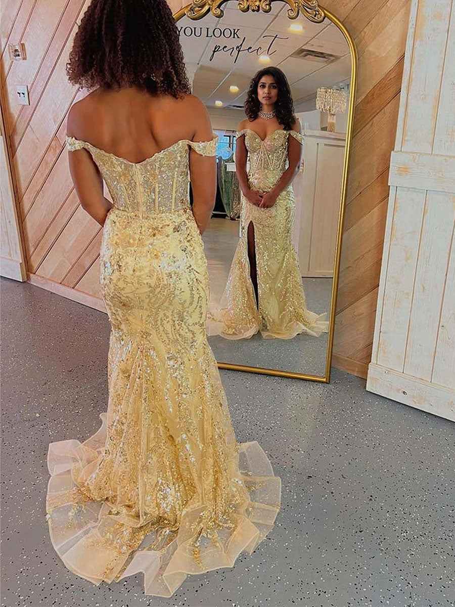 Gold Mermaid Off Shoulder Sequin Lace Prom Dress With Slit