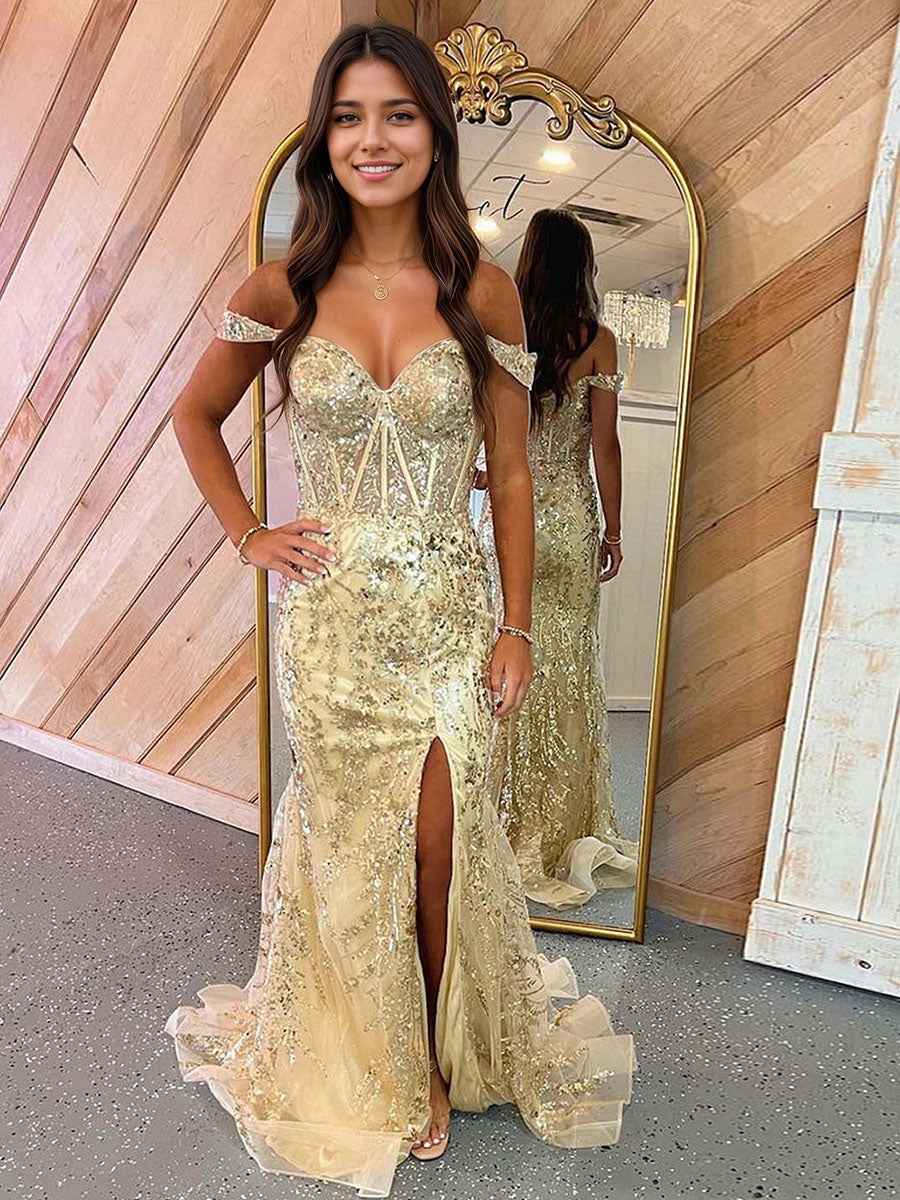 Gold Mermaid Off Shoulder Sequin Lace Prom Dress With Slit