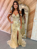 Gold Mermaid Off Shoulder Sequin Lace Prom Dress With Slit